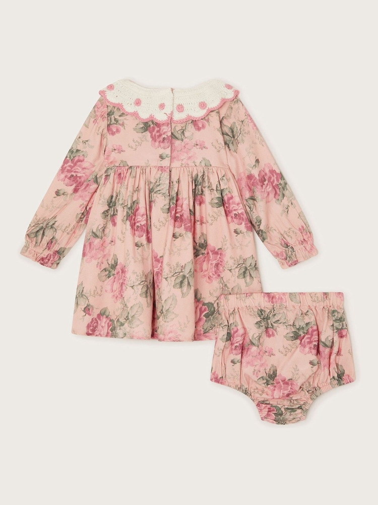 Monsoon Pink Newborn Betsy Crochet Collar Dress and Floral Print Briefs Set - Image 2 of 3