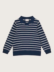 Monsoon Blue Stripe Knit 100% Cotton Polo Jumper - Image 1 of 3