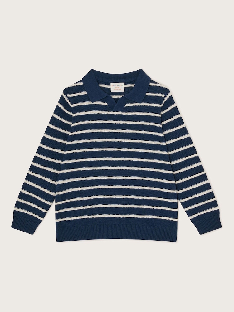 Monsoon Blue Stripe Knit 100% Cotton Polo Jumper - Image 1 of 3