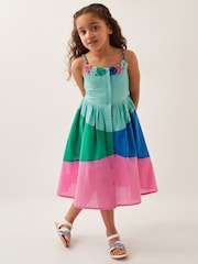 Monsoon Blue Strappy 3D Flower Print Colourblock 100% Cotton Dress - Image 1 of 4