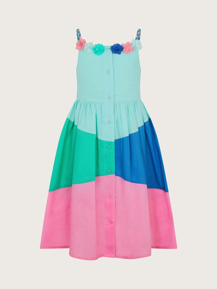 Monsoon Blue Strappy 3D Flower Print Colourblock 100% Cotton Dress - Image 2 of 4