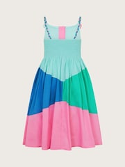 Monsoon Blue Strappy 3D Flower Print Colourblock 100% Cotton Dress - Image 3 of 4