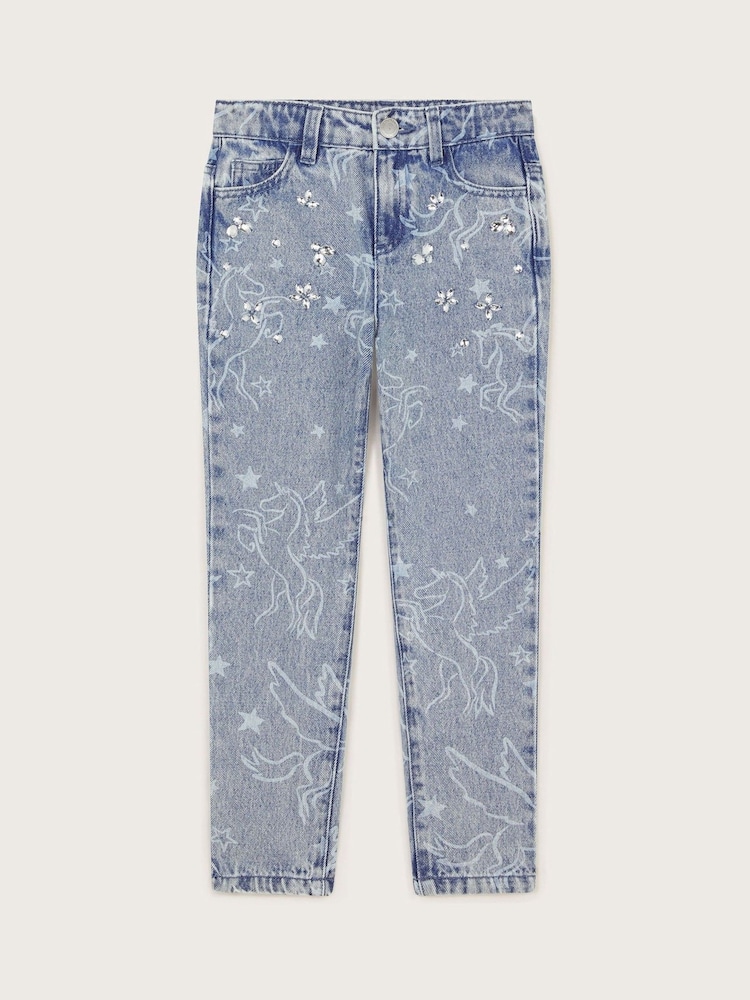 Monsoon Blue Rhinestone Unicorn 100% Cotton Straight Jeans - Image 2 of 3