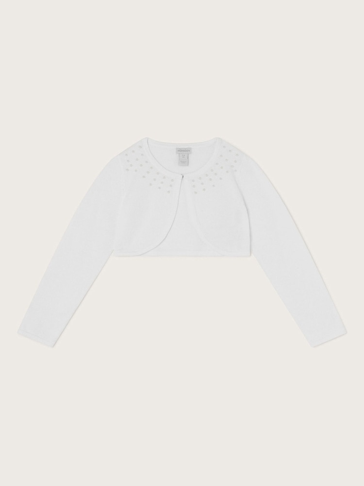 Monsoon White Niamh Pearl Embellished 100% Cotton Cardigan - Image 1 of 3