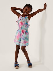 Monsoon Blue Frill Palm Print Halter Playsuit - Image 1 of 4