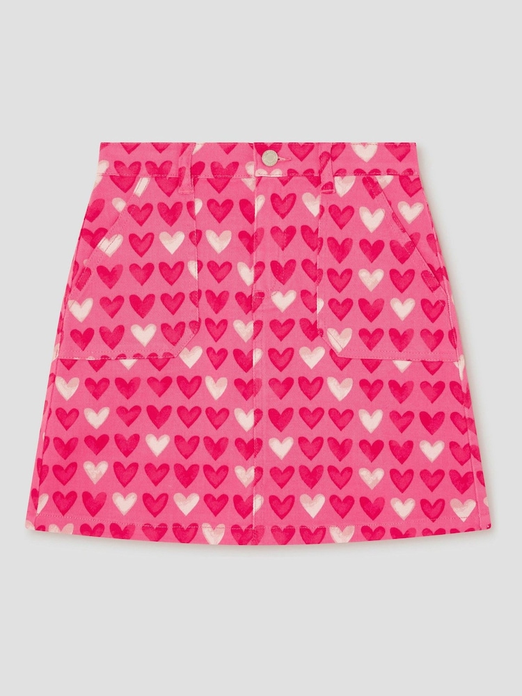 Monsoon Pink Heart Print Denim Skirt - Image 1 of 3