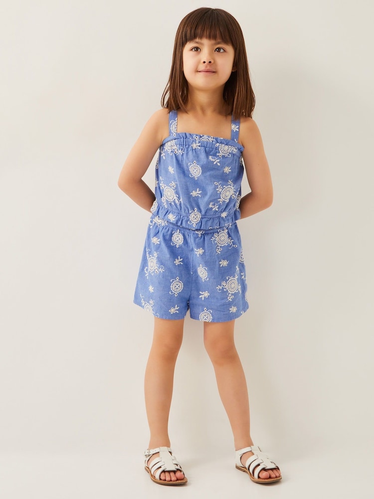 Monsoon Blue Strappy Broderie Chambray 100% Cotton Playsuit - Image 1 of 4 Monsoon Blue Strappy Broderie Chambray 100% Cotton Playsuit - Image 1 of 4