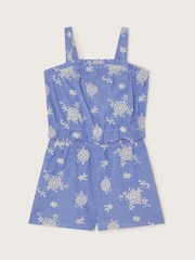 Monsoon Blue Strappy Broderie Chambray 100% Cotton Playsuit - Image 2 of 4