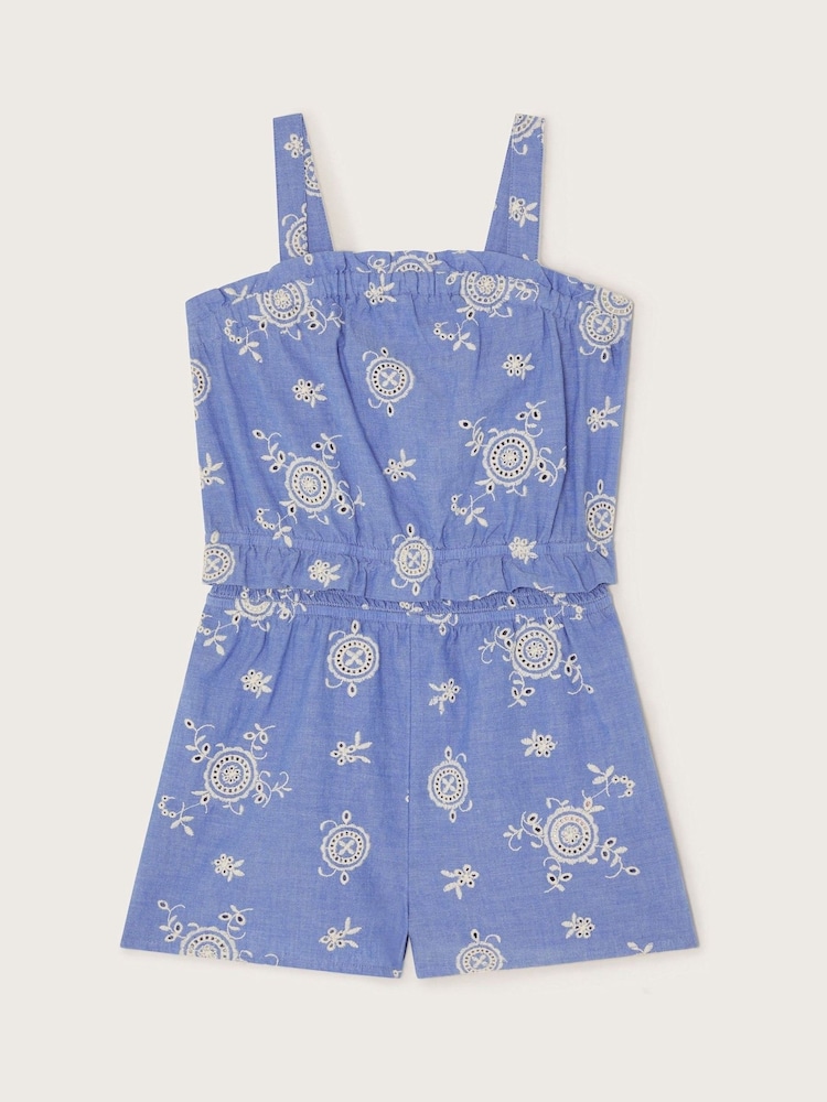 Monsoon Blue Strappy Broderie Chambray 100% Cotton Playsuit - Image 2 of 4