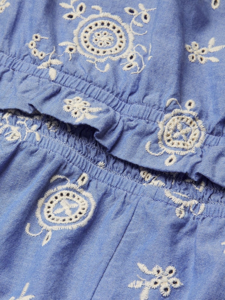 Monsoon Blue Strappy Broderie Chambray 100% Cotton Playsuit - Image 4 of 4