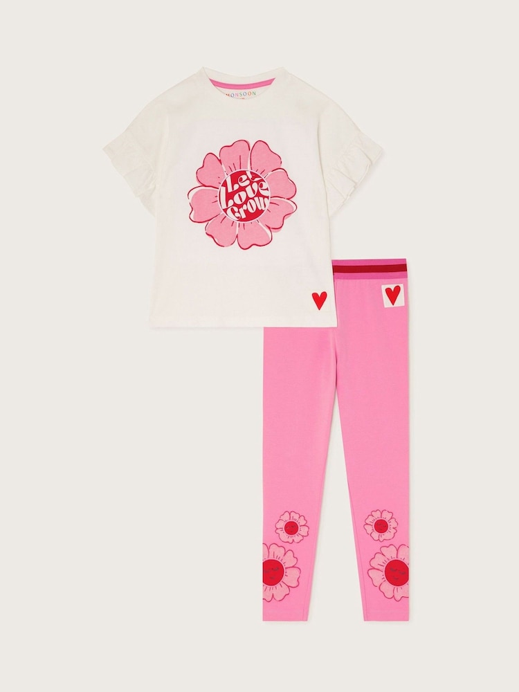 Monsoon Pink Frilly Flower Print T-Shirt and Leggings Set - Image 1 of 3