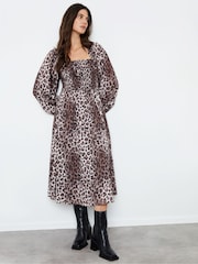 Another Sunday Brown Leopard Print Long Sleeve Midi Dress - Image 1 of 4