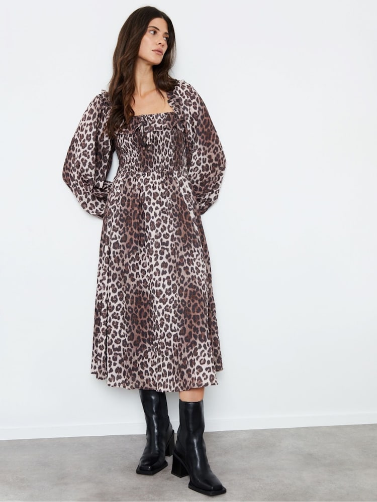 Another Sunday Brown Leopard Print Long Sleeve Midi Dress - Image 1 of 4