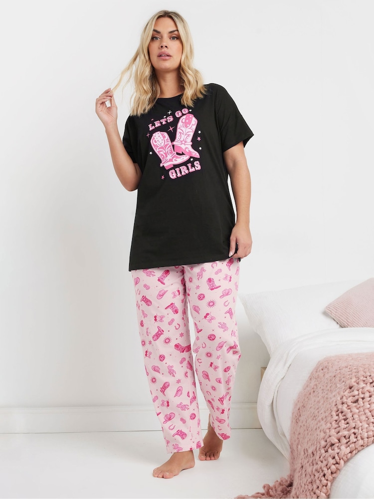 Yours Curve Black Cowboy Boots Wide Leg 100% Cotton Pyjamas Set - Image 1 of 5