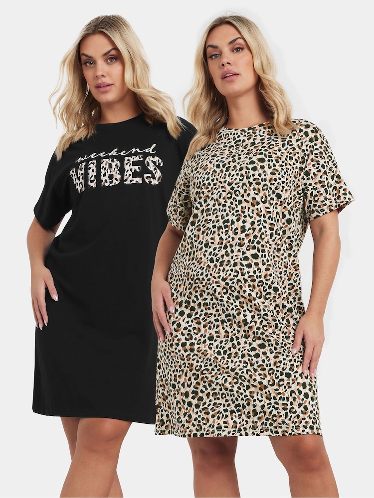 Yours Curve Bows Weekend Vibes 100% Cotton Sleep T-Shirts 2 Pack - Imagen 1 de 7