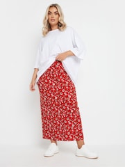 Yours Curve Red Floral Print Textured Skirt - Image 2 of 5