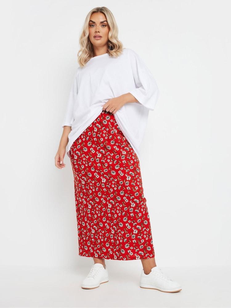 Yours Curve Red Floral Print Textured Skirt - Image 2 of 5