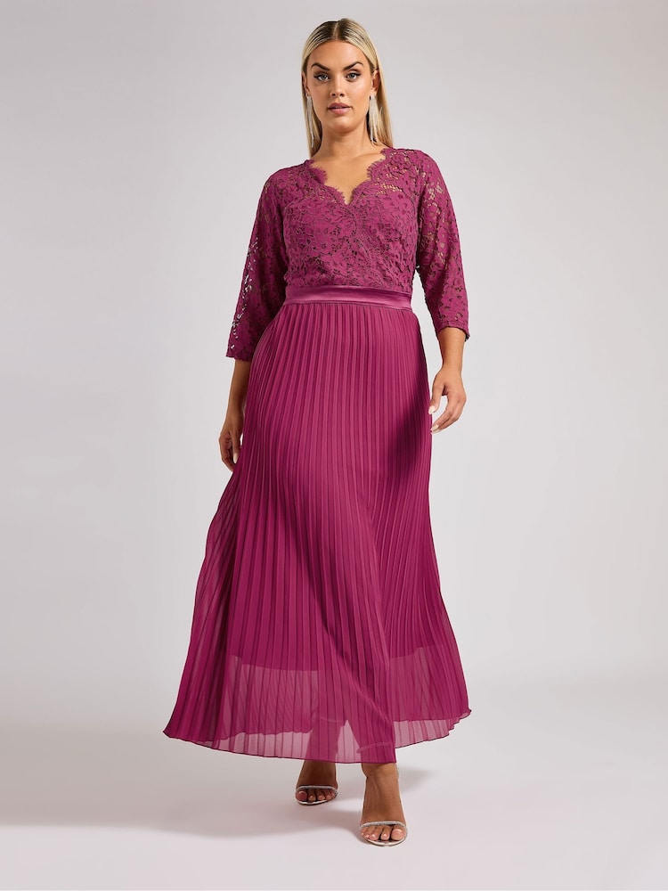 Yours Curve Pink London Lace Pleated Maxi Dress - Image 1 of 5