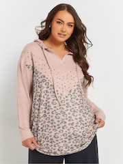 وردي - Yours Curve Leopard Print Studded Hoodie - صورة 1 من 5