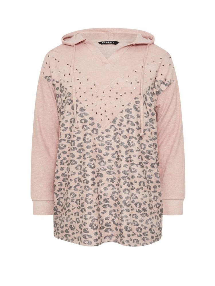 وردي - Yours Curve Leopard Print Studded Hoodie - صورة 5 من 5