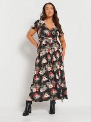 Yours Curve Black Floral Print Maxi Wrap Dress - Image 1 of 5