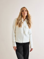 Long Tall Sally White Boucle Zip Through Bomber Jacket - Image 3 of 6