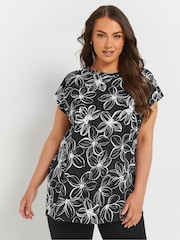 Yours Curve Black Grown On Sleeve 100% Cotton Top - Image 1 of 5
