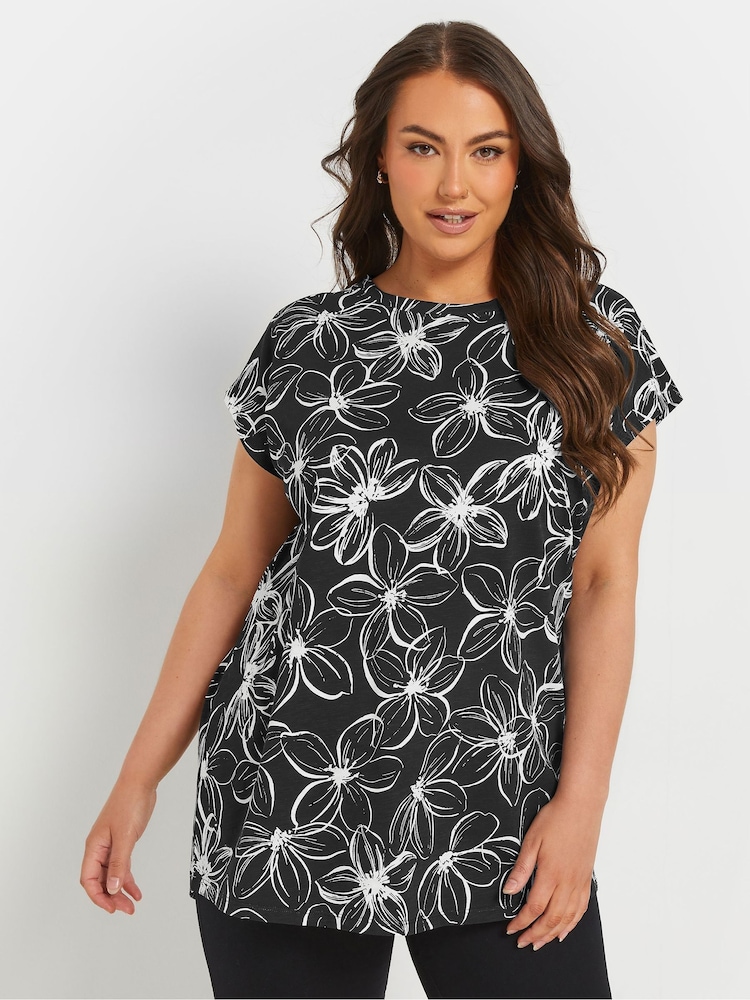 Yours Curve Black Grown On Sleeve 100% Cotton Top - Image 1 of 5