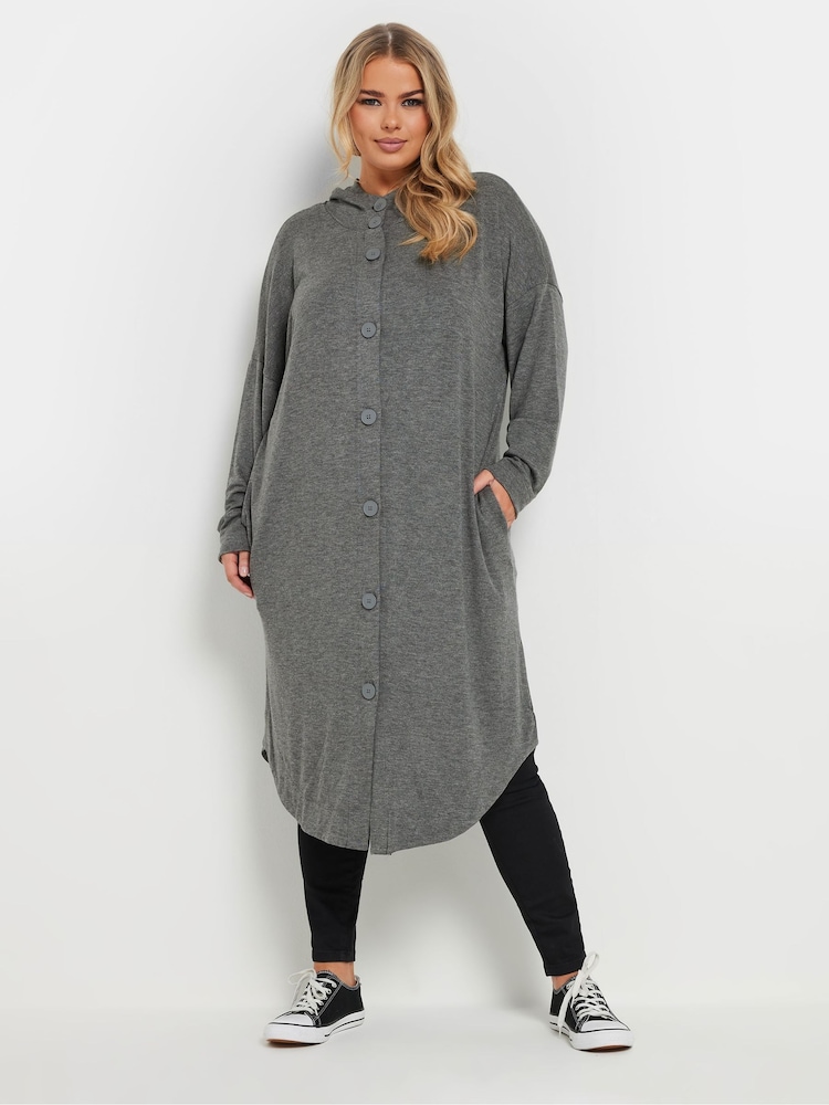 Yours Curve Light Grey Button Hooded Maxi Jacket - Image 2 of 5