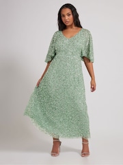 Yours Curve Green Luxe V-Neck Embellished Dress - Image 1 of 5