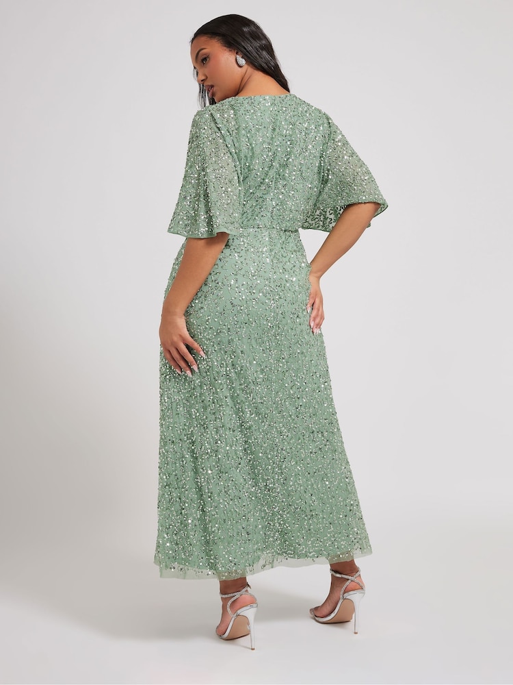 Yours Curve Green Luxe V-Neck Embellished Dress - Image 2 of 5