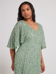 Yours Curve Green Luxe V-Neck Embellished Dress - Image 3 of 5