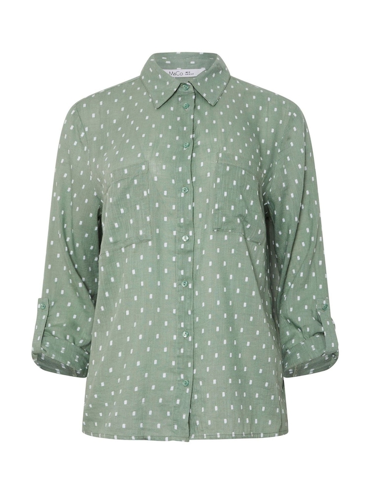 M&Co Green 100% Cotton Dobby Long Sleeve Shirt - Image 5 of 5