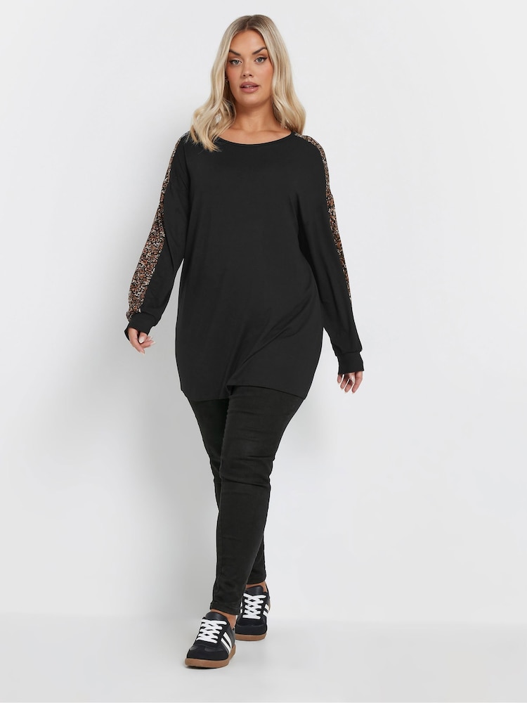 Yours Curve Black Leopard Print Sleeve Detail Top - Image 2 of 5