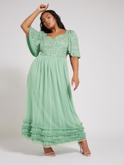 Yours Curve Green Luxe Embellished Ruffle Maxi Dress - Image 1 of 5