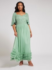 Yours Curve Green Luxe Embellished Ruffle Maxi Dress - Image 2 of 5