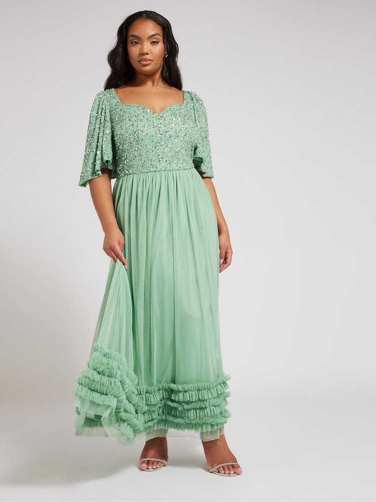 Yours Curve Green Luxe Embellished Ruffle Maxi Dress - Image 2 of 5 Yours Curve Green Luxe Embellished Ruffle Maxi Dress - Image 2 of 5