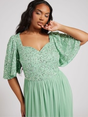Yours Curve Green Luxe Embellished Ruffle Maxi Dress - Image 4 of 5