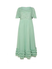 Yours Curve Green Luxe Embellished Ruffle Maxi Dress - Image 5 of 5