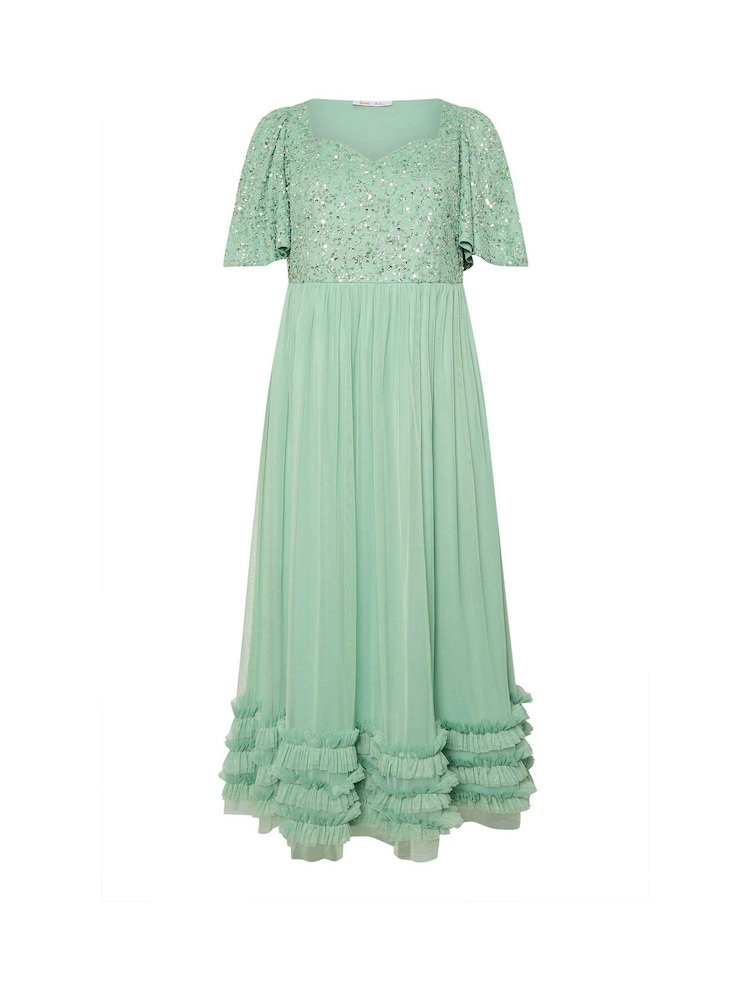 Yours Curve Green Luxe Embellished Ruffle Maxi Dress - Image 5 of 5