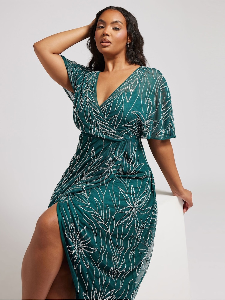 Yours Curve Green Luxe Embellished Wrap Maxi Dress - Image 1 of 5