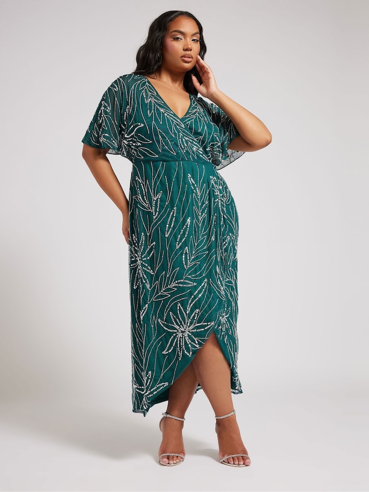 Yours Curve Green Luxe Embellished Wrap Maxi Dress - Image 2 of 5