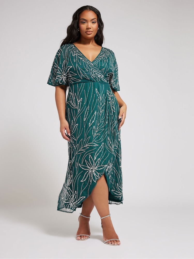 Yours Curve Green Luxe Embellished Wrap Maxi Dress - Image 4 of 5