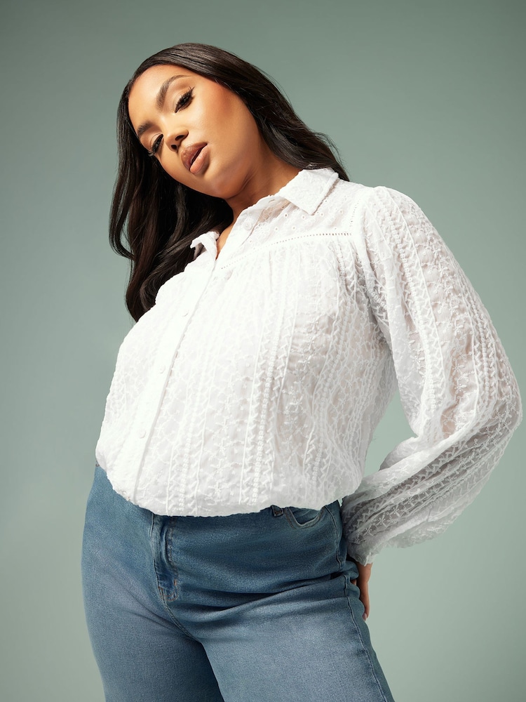 Yours Curve White Embroidered Long Sleeve Shirt - Image 1 of 10