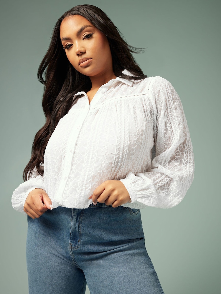 Yours Curve White Embroidered Long Sleeve Shirt - Image 2 of 10