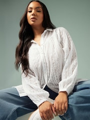 Yours Curve White Embroidered Long Sleeve Shirt - Image 5 of 10