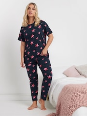 Yours Curve Blue Multi Stars Tapered 100% Cotton Pyjamas Set - Image 1 of 5