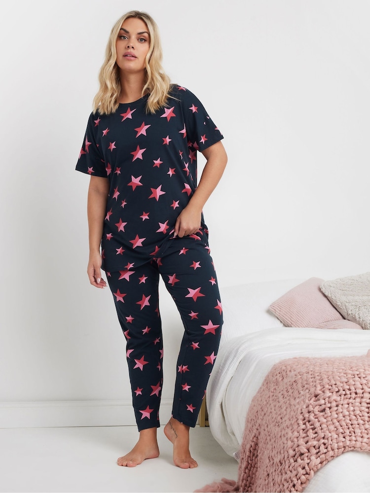 Yours Curve Blue Multi Stars Tapered 100% Cotton Pyjamas Set - Image 1 of 5