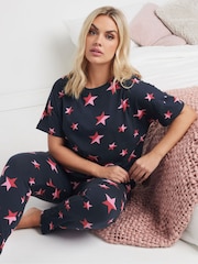 Yours Curve Blue Multi Stars Tapered 100% Cotton Pyjamas Set - Image 2 of 5