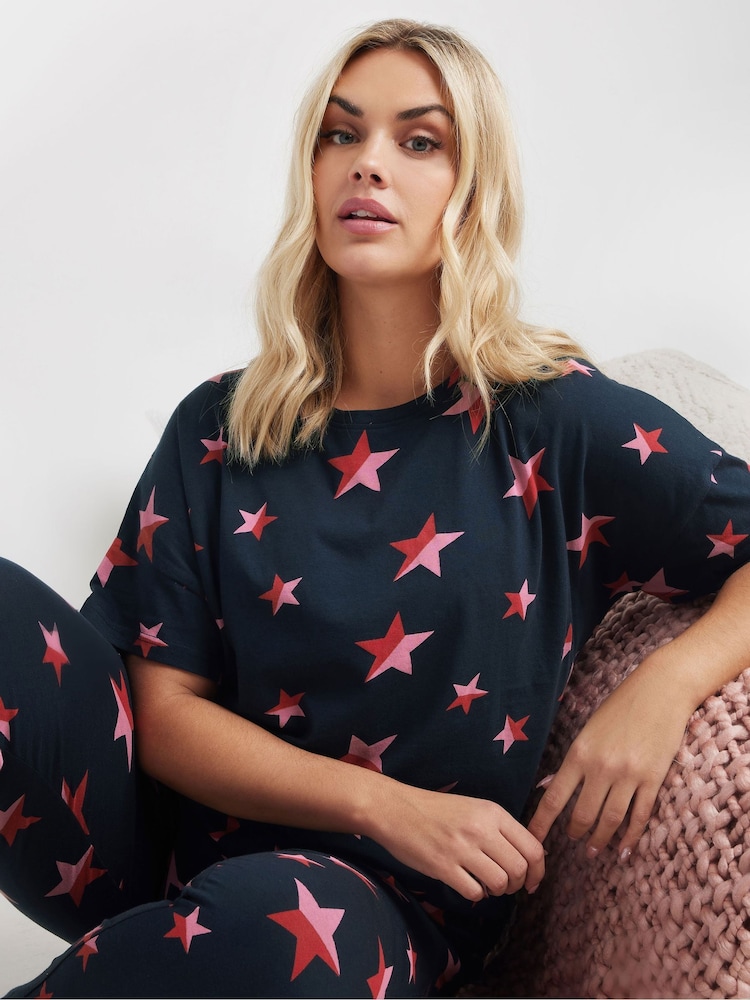 Yours Curve Blue Multi Stars Tapered 100% Cotton Pyjamas Set - Image 4 of 5